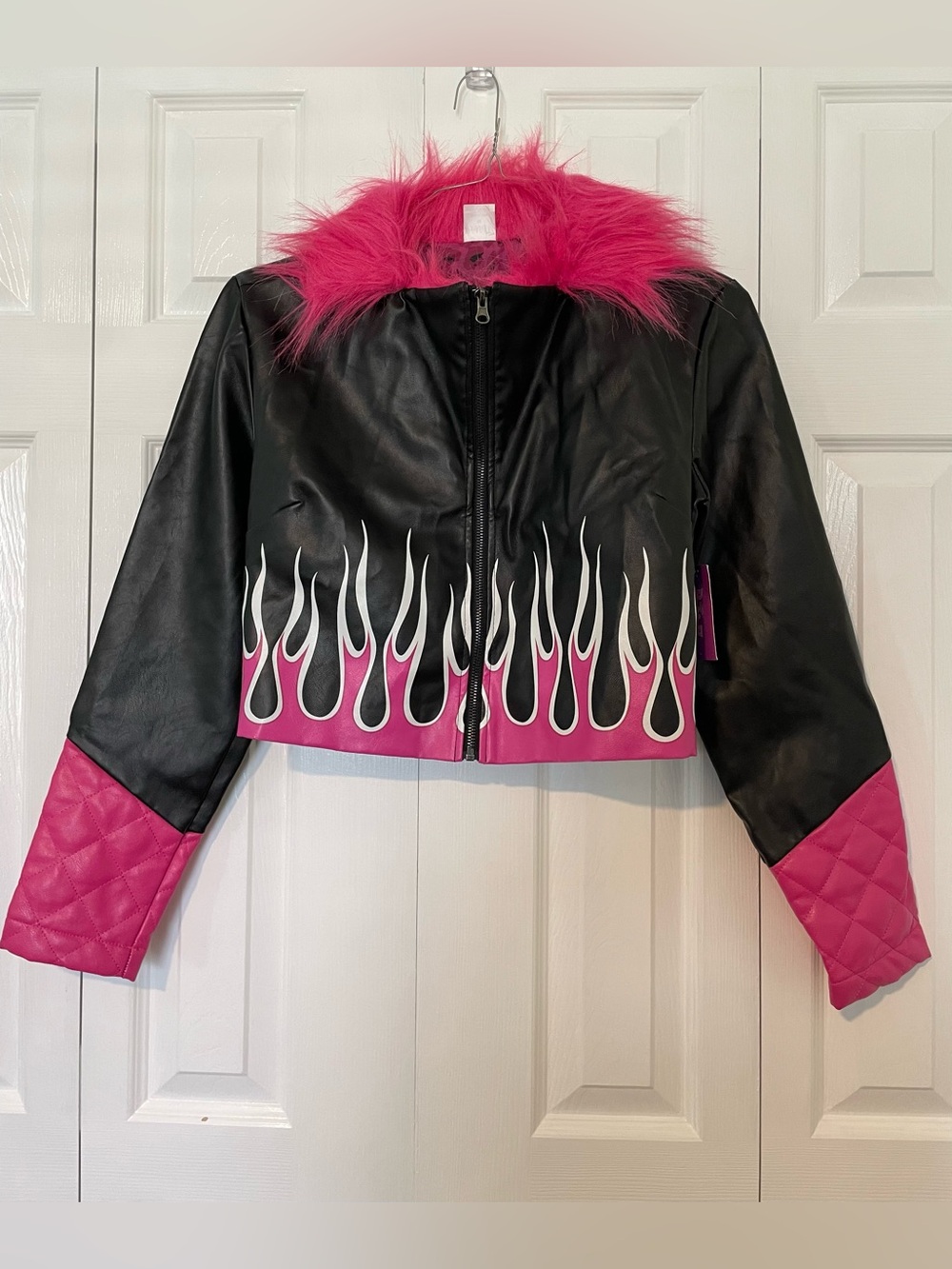 Pink & Black Faux Leather Flame Jacket with Faux Fur Collar Sz M